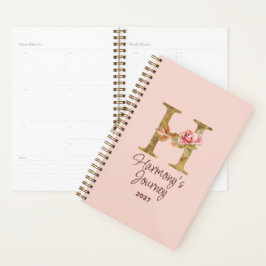 Agenda Letra personalizada H Hoja de Oro Rosas Rosa Claro