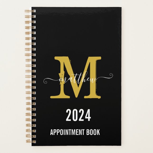 Agenda Libro de citas de Black & Gold Monogram Script (Anverso)