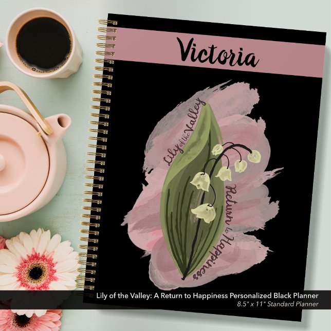 Agenda Lily de la Felicidad del Valle Negro Personalizado (Lily of the Valley Happiness Personalized Black and Pink Planner)