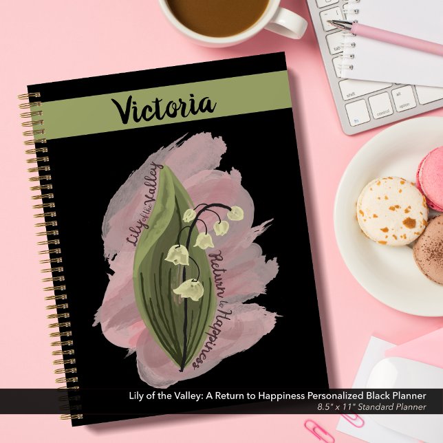 Agenda Lily de la Felicidad del Valle Negro Personalizado (Lily of the Valley Happiness Personalized Black and Green Planner)