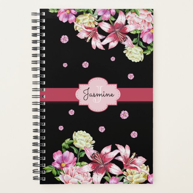 Agenda Lily y Peony Floral Black Personalizada (Anverso)