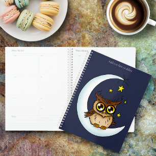 Agenda Lindo búho marrón media luna estrellas azul