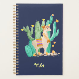Agenda Llama y acuarela color azul cactus personalizado