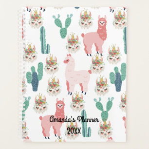 Agenda Llamas rosadas lindas y cactus verdes