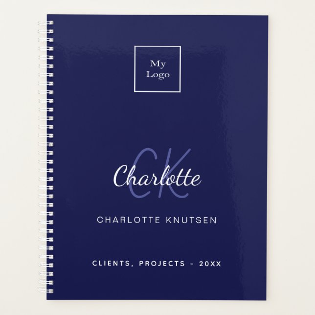 Agenda Logo del negocio del monograma blanco azul marino (Anverso)