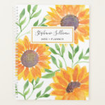 Agenda Los girasoles amarillos personalizados<br><div class="desc">¡Los girasoles traen alegría! Así que disfruten de planear su año con este planificador luminoso del patrón de girasol amarillo. Los girasoles de color amarillo y las hojas verdes están sobre un fondo blanco y se puede personalizar este planificador con su nombre y el año. Acuarela original © Michele Davies....</div>