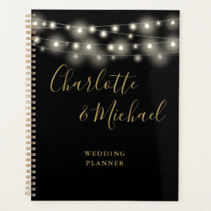 Agenda Luces de Cadena Firma Script Boda Negra Dorada