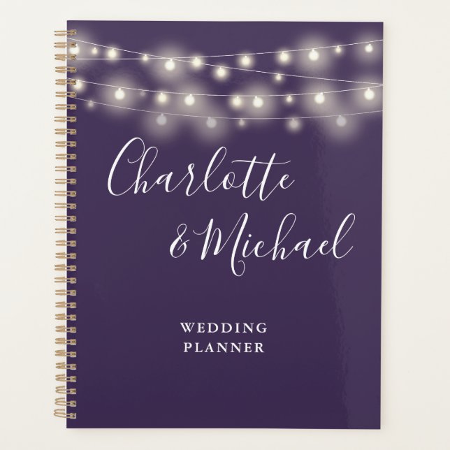 Agenda Luces de Cadena Firma Script Bodas Morado (Anverso)