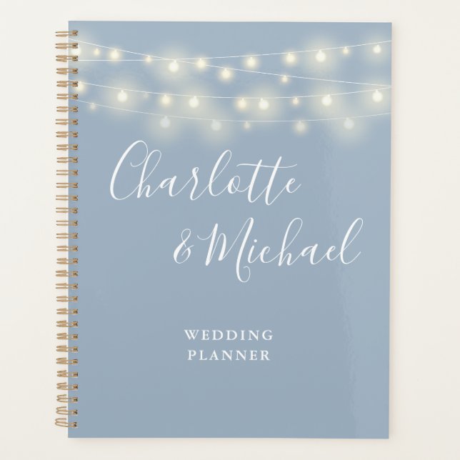 Agenda Luces de Cuerda Firma Script Boda Azul Polvoriento (Anverso)