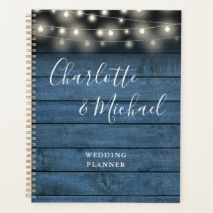 Agenda Luces de Cuerda Rústico Azul Madera Escritura Boda