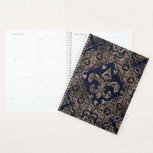 Agenda Lujo Fleur-de-lis Ornament - dorado y azul oscuro