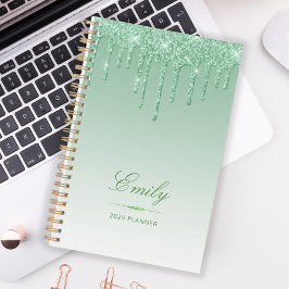 Agenda Lujoso Brillo Chic Gotas Personalizado Verde 2025