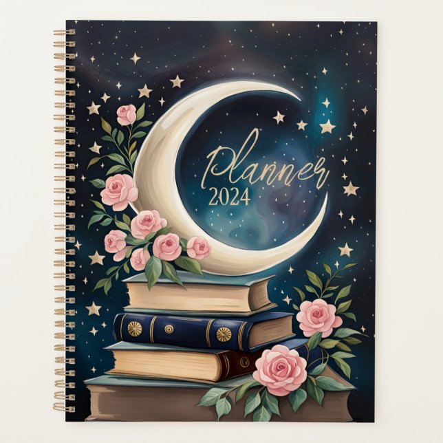 Agenda Luna Cresente Celestial con Libros y Rosas (Anverso)