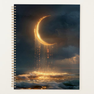 Agenda Luna Surrealista de Creciente Dorado sobre el océa