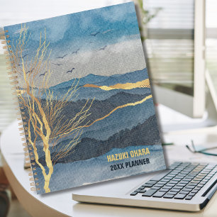Agenda Luxe Blue Gold Watercolor Mountain
