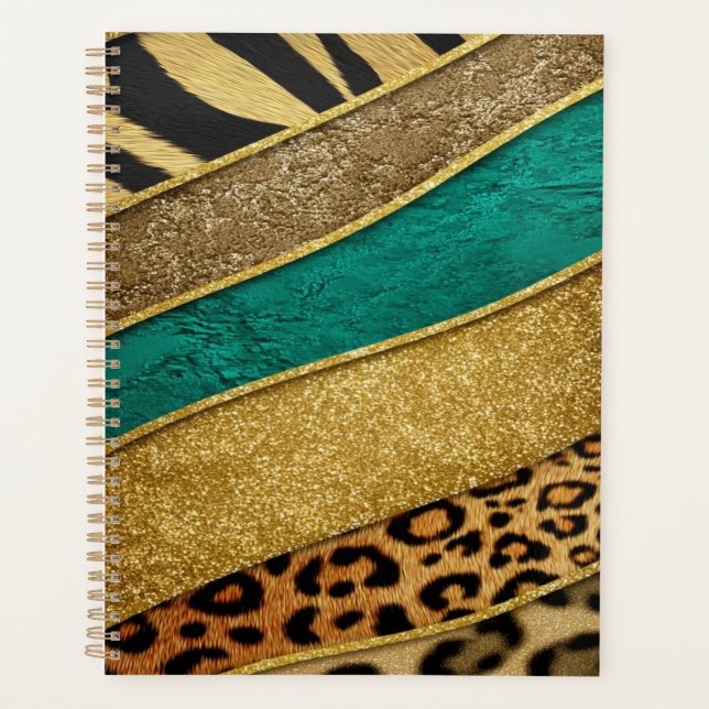 Agenda Luxury Emerald & Gold Safari Leopard Zebra Glitter (Anverso)
