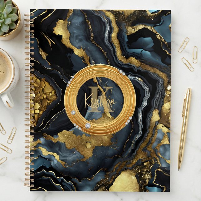 Agenda Luxury Glam Black Blue Gold Agate Marble Monogram (Subido por el creador)