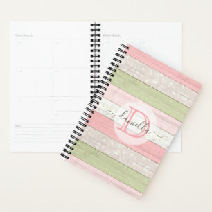 Agenda Madera floral Rústica Verde y Rosa Personalizada