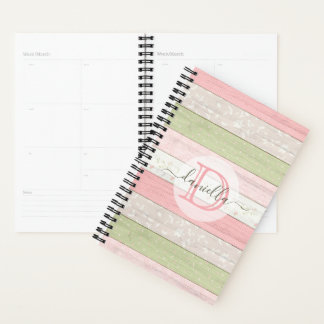Agenda Madera floral Rústica Verde y Rosa Personalizada