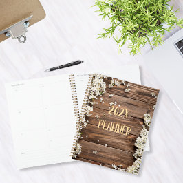 Agenda Madera rústica con flores blancas