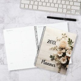 Agenda Madera rústica con flores blancas elegantes