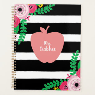 Agenda Maestra de raya blanca y negra de manzana rosada
