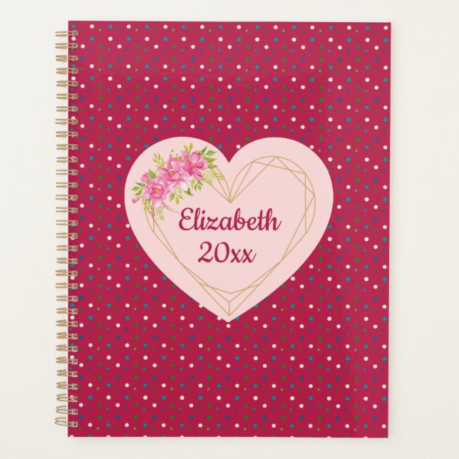 Agenda Magenta Floral Golden Heart Personalized Planner (Anverso)