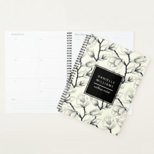 Agenda Magnolia Botánica Elegante en Blanco y Negro