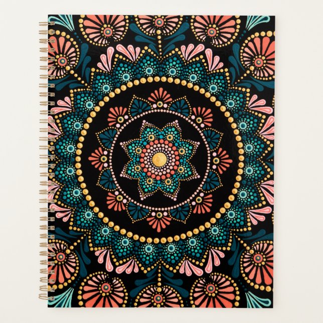 Agenda Mandala azul coral, etnia boho de geometría sagrad (Anverso)