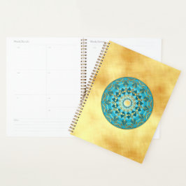 Agenda Mandala azul dorado sobre fondo de oro suave