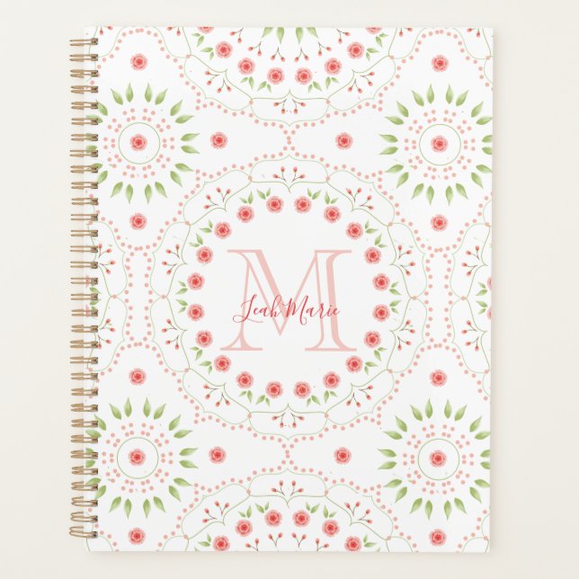 Agenda Mandala rosa Rubor floral monogramada (Anverso)