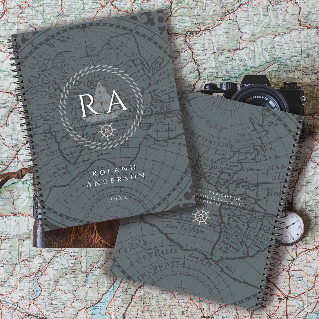 Agenda Mapa de monograma de cuerda náutica gris (Nautical Map Monogram Traveller Grey Notebook.)