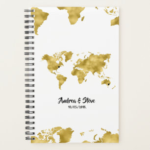 Agenda Mapa del mundo del Relieve metalizado dorado con p
