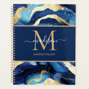 Agenda Marble Blue Gold Script Nombre Monograma Personali