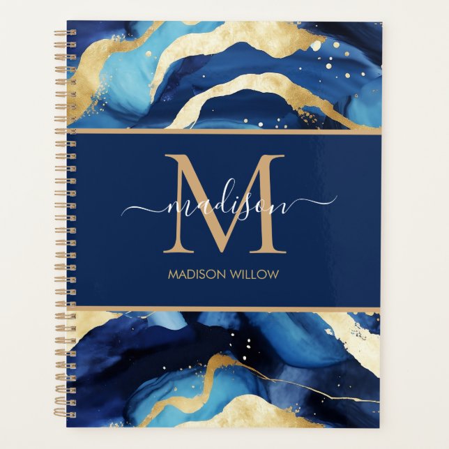 Agenda Marble Blue Gold Script Nombre Monograma Personali (Anverso)