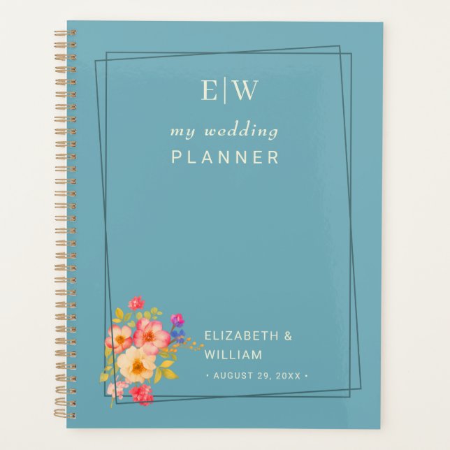 Agenda Marco con Rosas, estilo Boda sobre azul retro (Anverso)