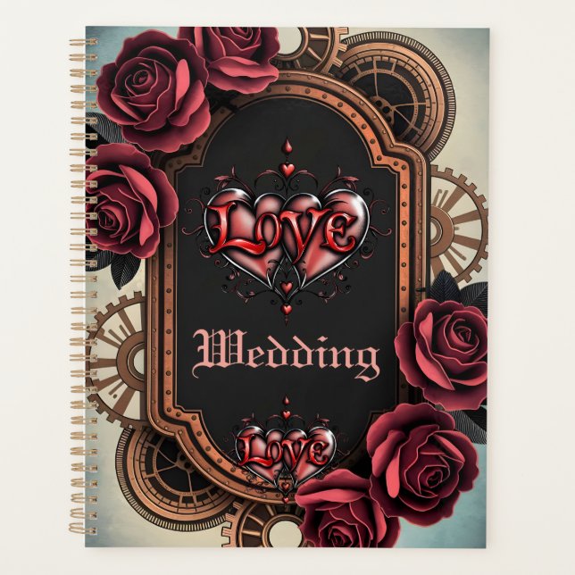 Agenda Marco Steampunk con rosas y engranajes rojos (Anverso)