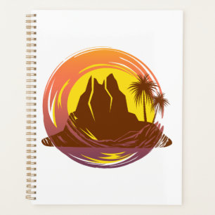 Agenda Margen con el paisaje volcánico tropical y palmera