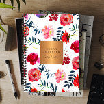 Agenda Marina roja floral elegante rosa oro cobre metálic<br><div class="desc">Lujosa moda y glamuroso planificador profesional de acuarelas con un hermoso patrón de acuarela pintado a mano con rosa y magenta de color rosa, rosas de coral y borgoña rojo y flores con un follaje azul profundo del océano y con una brillante etiqueta geométrica (cuadrada) de apariencia metálica de cobre...</div>