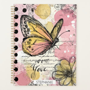 Agenda Mariposa acuarela rosa dorado arte boho naturaleza