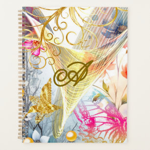 Agenda Mariposa de pájaro de oro rosa floral monogramada