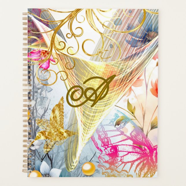 Agenda Mariposa de pájaro de oro rosa floral monogramada (Anverso)