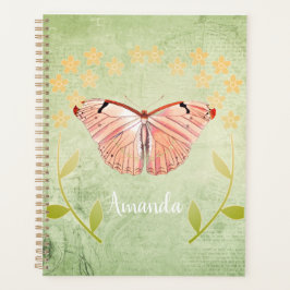 Agenda Mariposa rosa sobre fondo floral verde