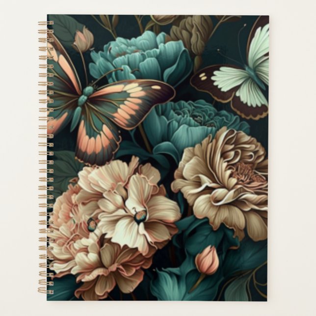 Agenda Mariposas y flores diseño clásico oscuro (Anverso)