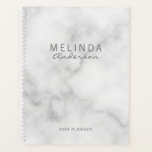 Agenda Mármol blanco moderno profesional<br><div class="desc">Profesional Modern Planner con nombre en gris moderno sans serif estilo de fuente y apellido en gris moderno estilo de fuente caligrafía sobre fondo de mármol blanco.</div>