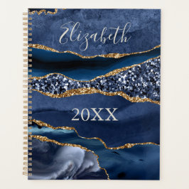 Agenda Mármol de ágata con nombre monogramado azul dorado