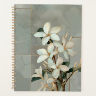 Agenda Mármol de línea dorada con flores de magnolia blan