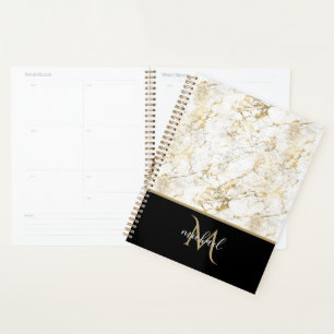 Agenda Mármol dorado y blanco con lujoso monograma negro
