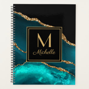 Agenda Mármol Elegante Turquesa Negro Dorado Monograma   