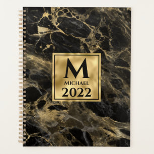 Agenda Mármol Negro y Dorado Monograma Elegante Lujo